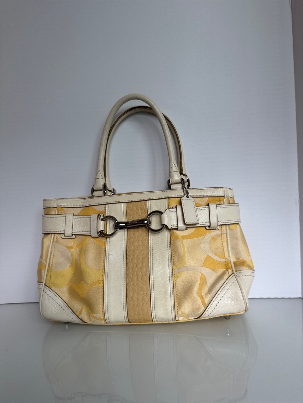Coach Cream & Yellow Logo Stripe Shoulder Tote